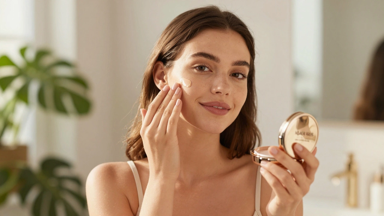 Woman applying clean makeup with refillable compact