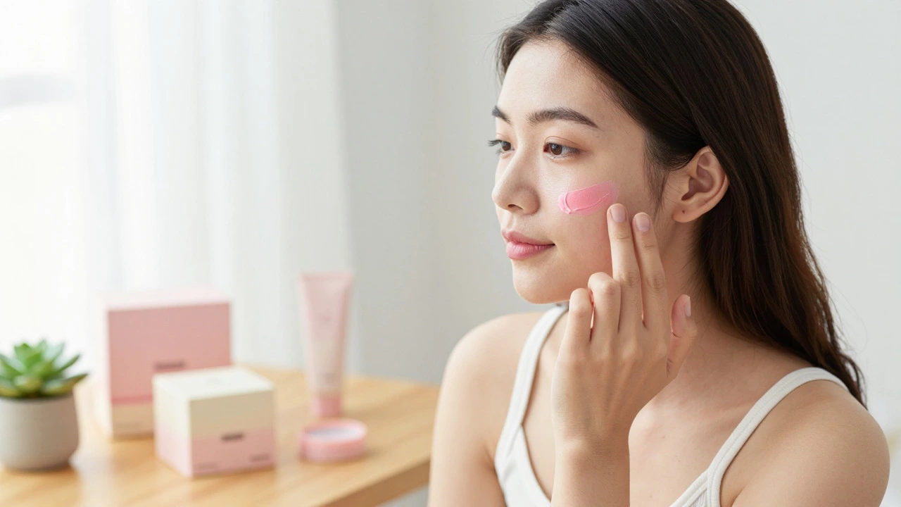 Woman applying cream blush with a natural glow