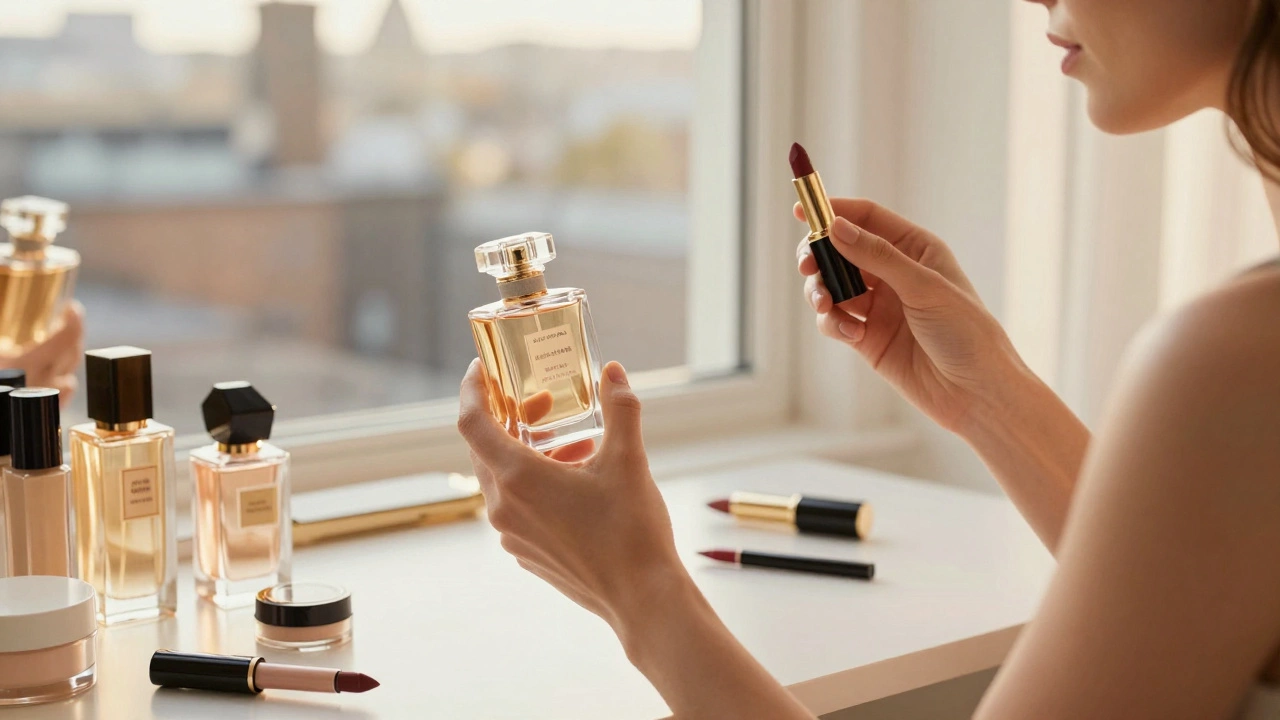 Woman comparing a full-size perfume bottle and a sample lipstick on a vanity table