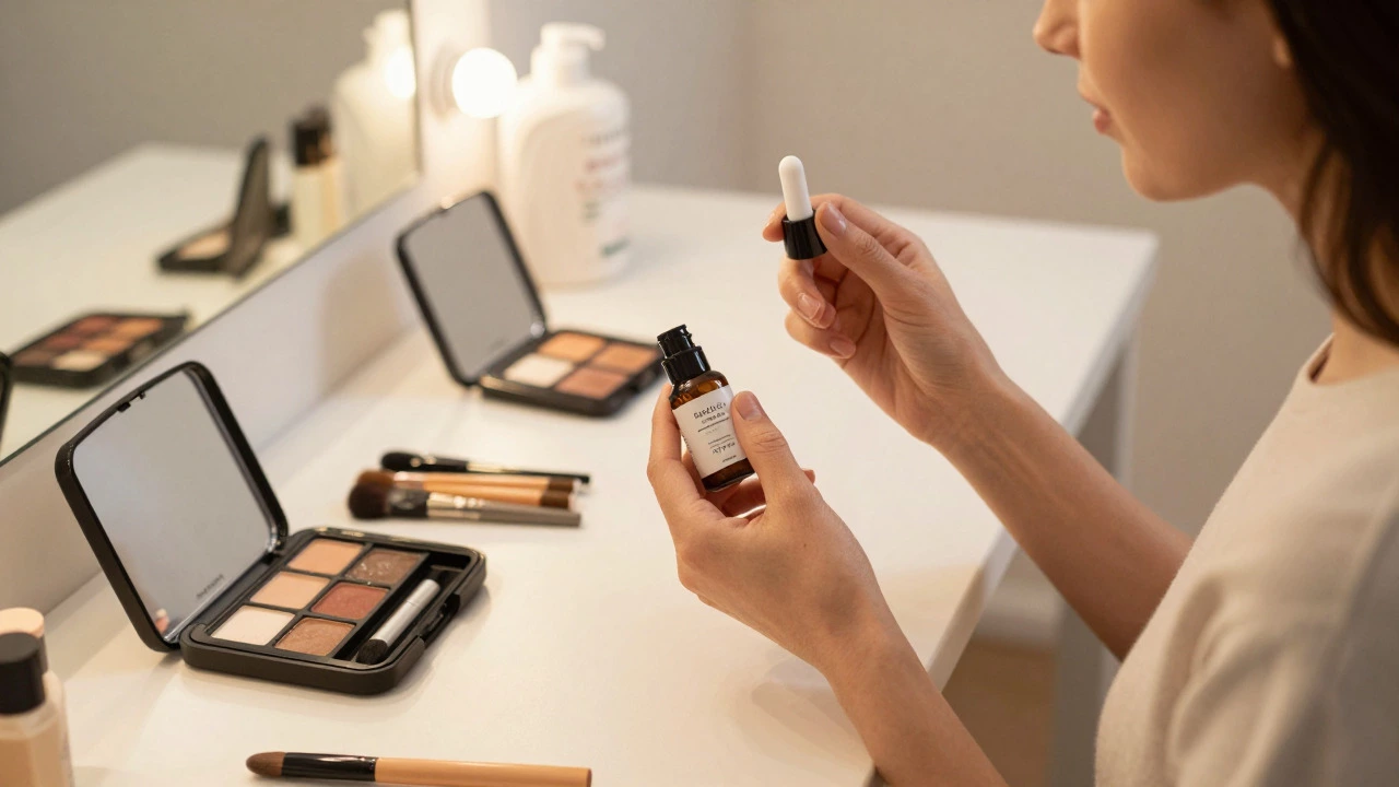 Woman examining beauty samples at a vanity table surrounded by open boxes