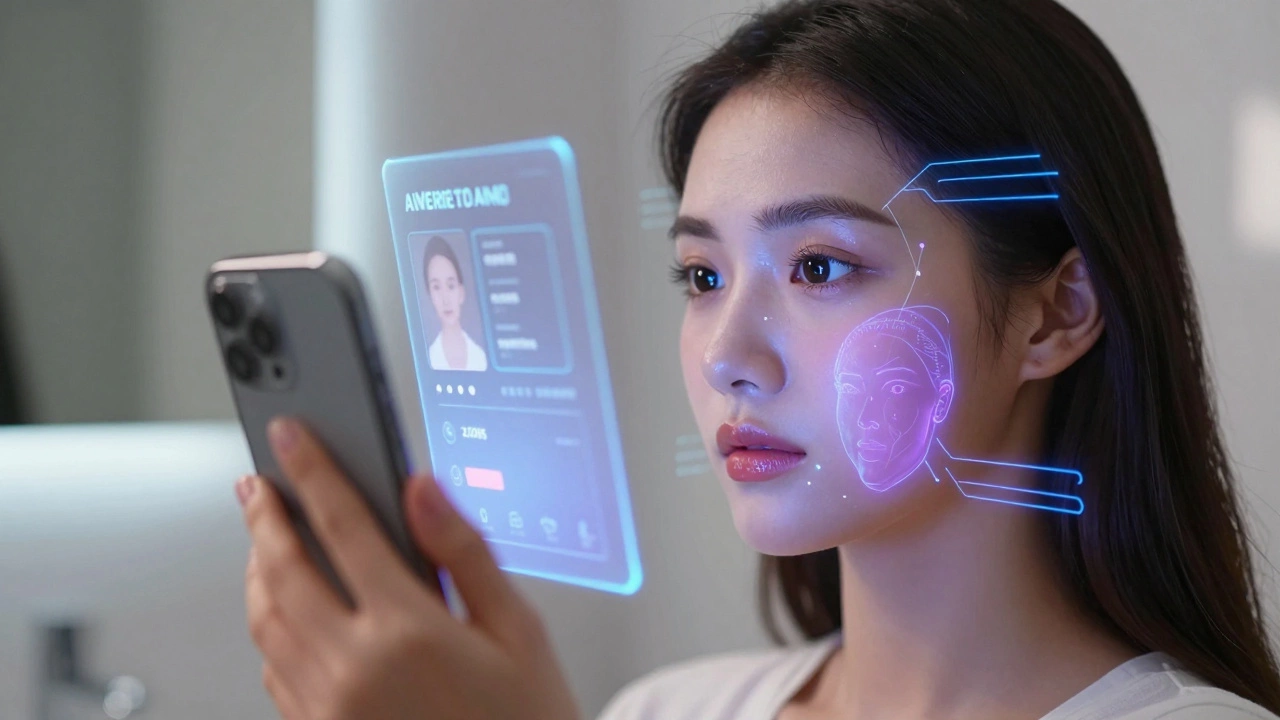 Woman using AR technology for virtual makeup try-on and skin analysis