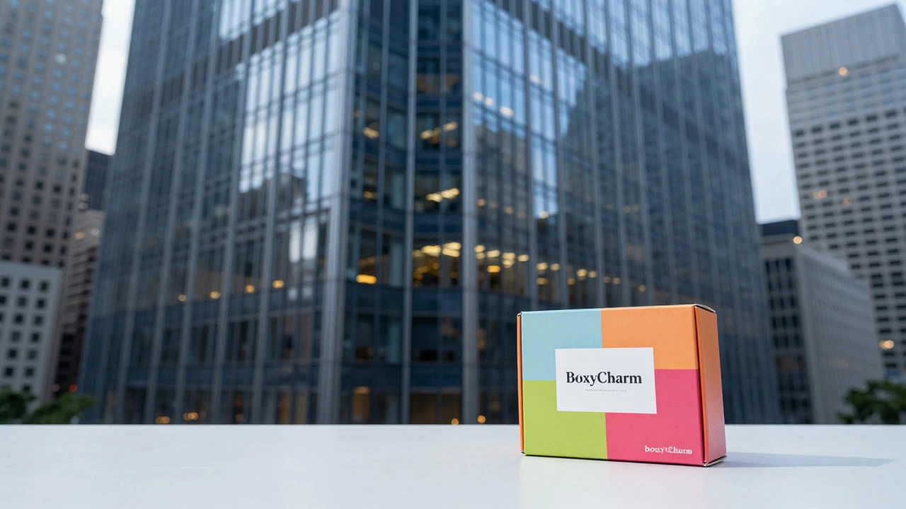 A colorful beauty box placed in front of a modern corporate glass skyscraper