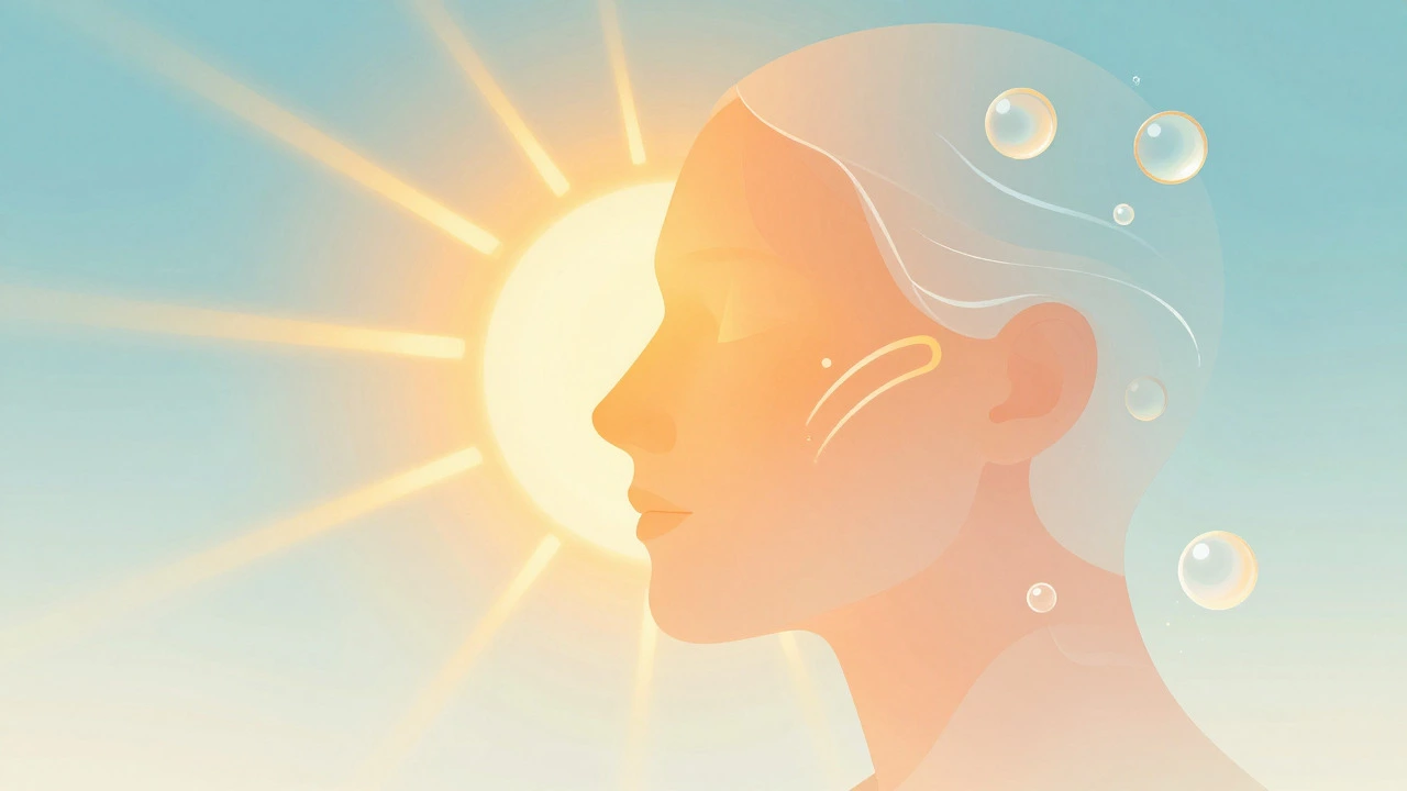 Abstract illustration of a face protected by a glowing layer of sunscreen and hydration
