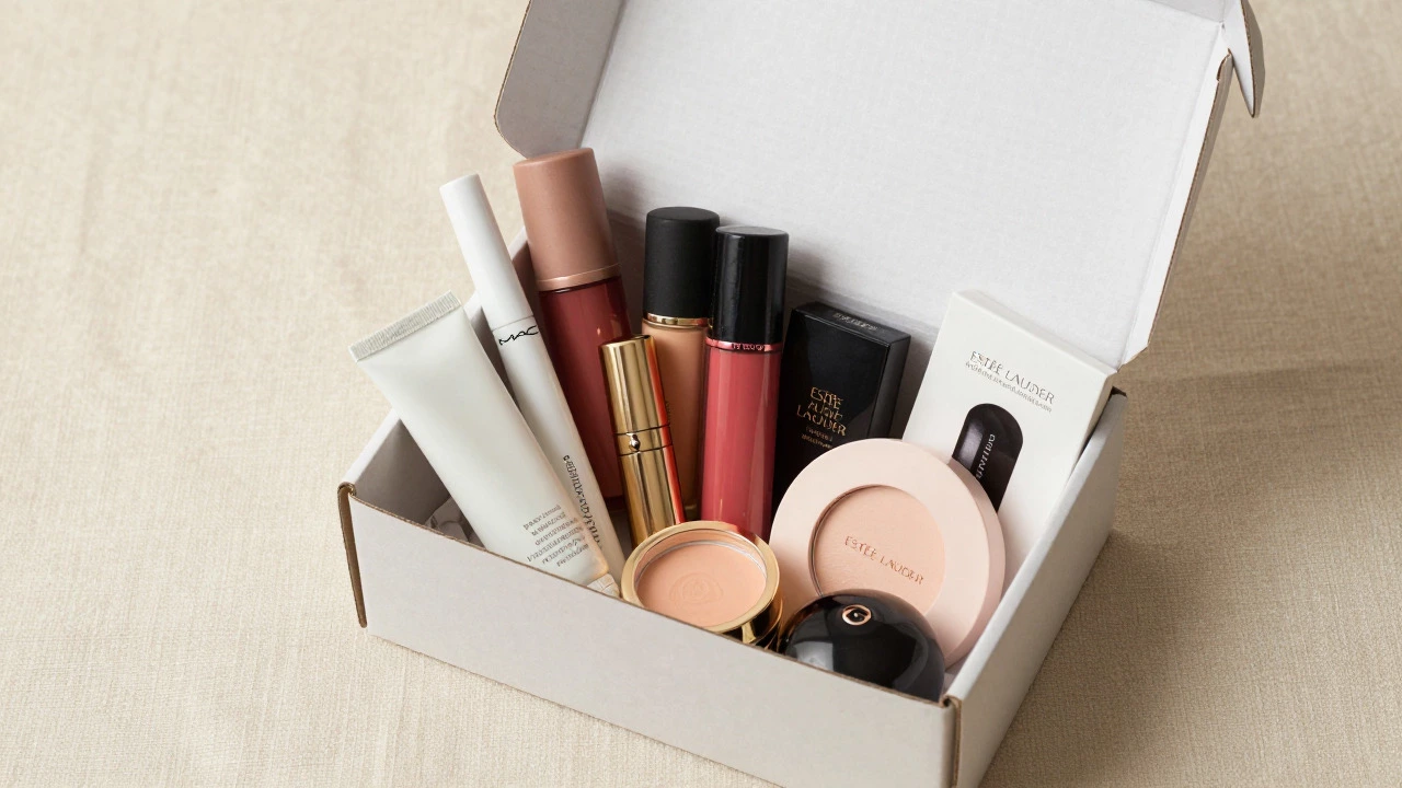 An open subscription box filled with diverse full-size beauty products on a linen cloth