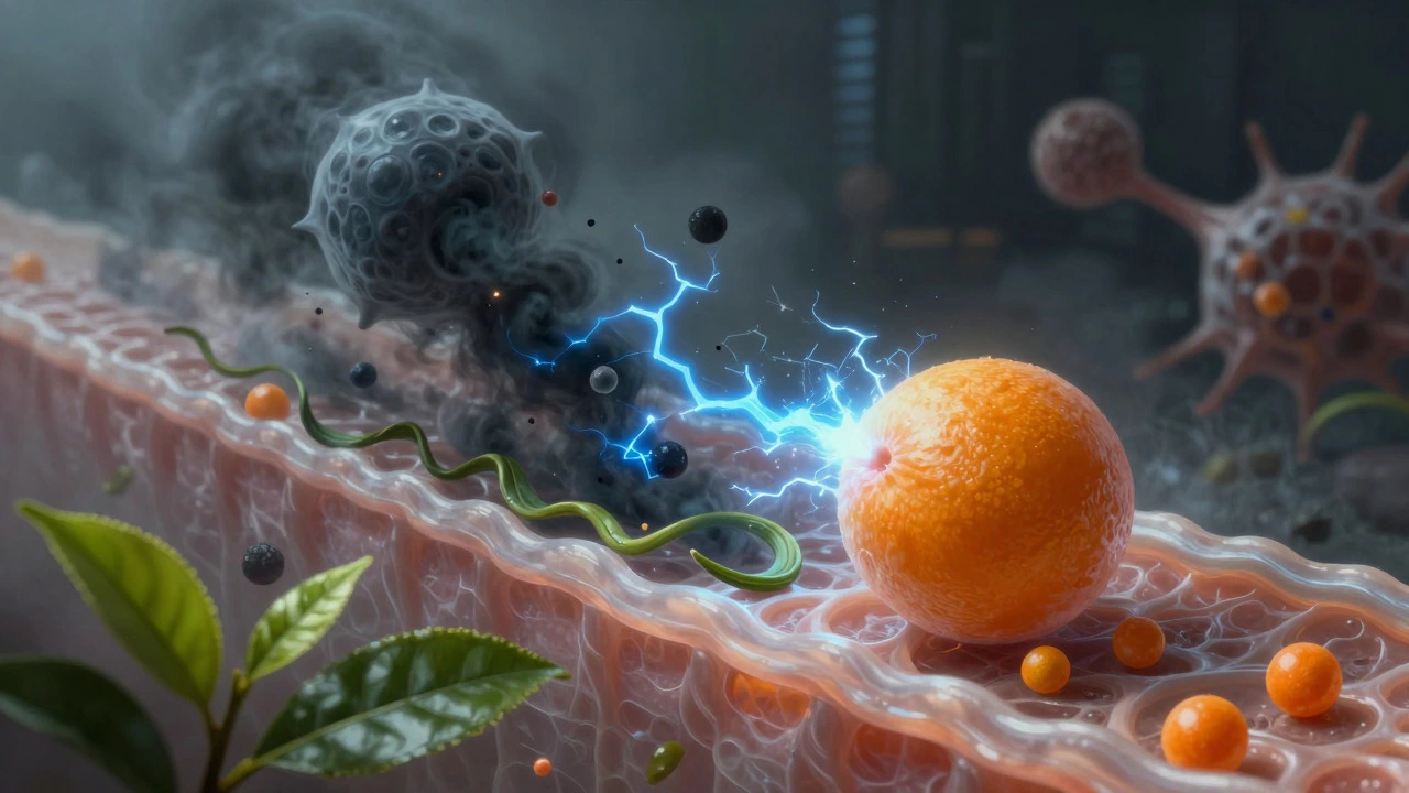 Antioxidants shielding skin cells from pollution particles