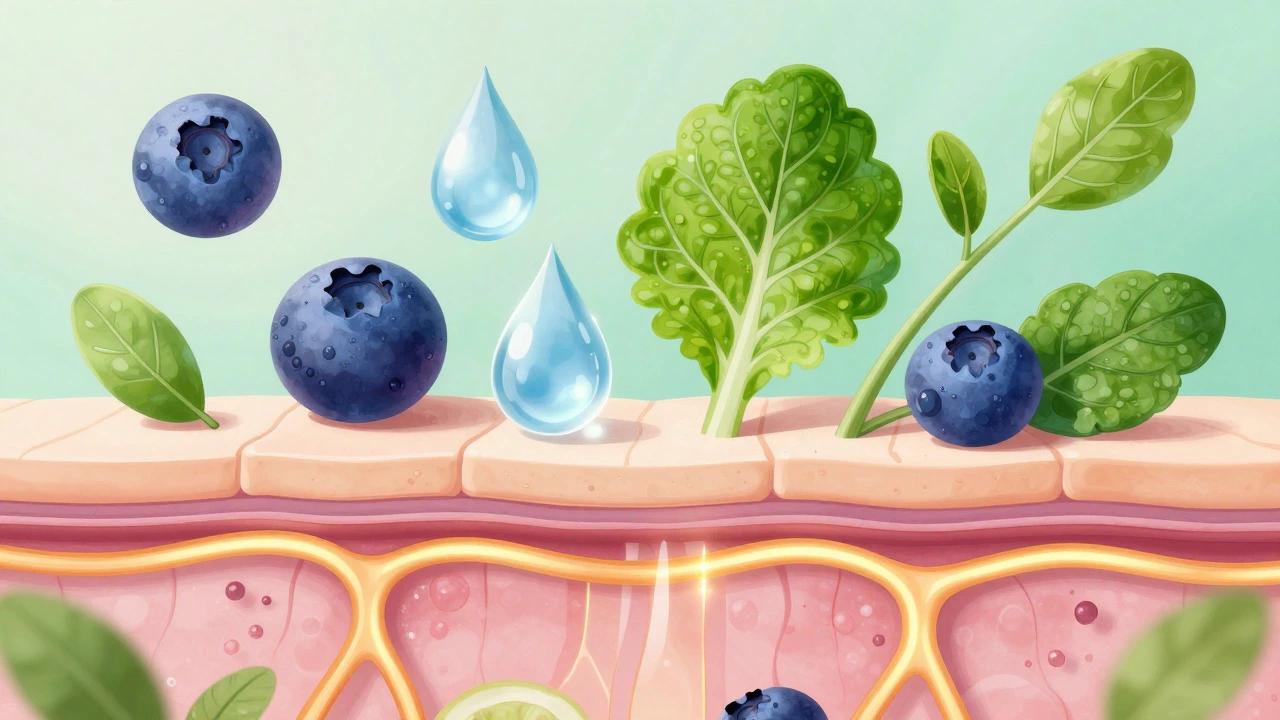 Artistic illustration of skin cells surrounded by antioxidants and water