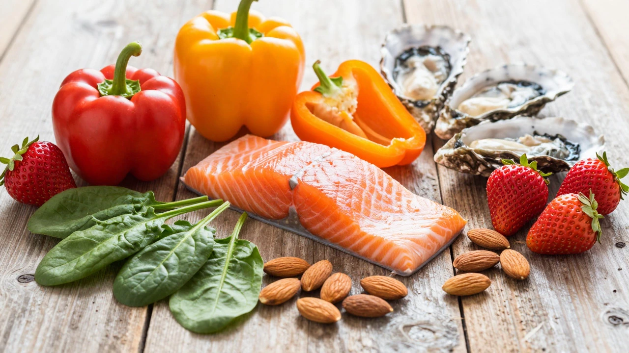 Assortment of vitamin-rich foods like fish and vegetables