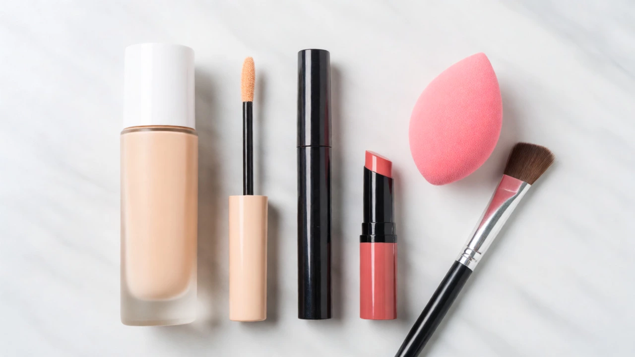 Flat lay of foundation, concealer, mascara, and lip balm