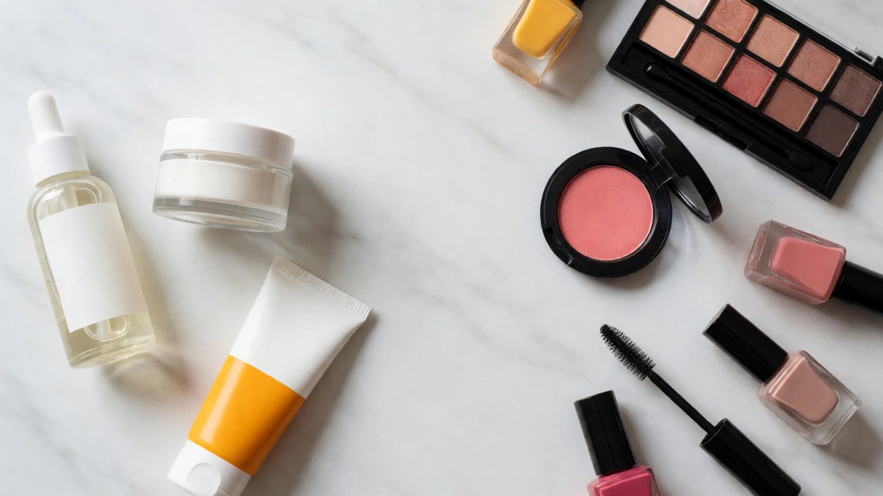 Flat lay of skincare bottles on the left and colorful makeup items on the right.