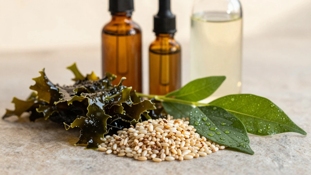 Fresh botanical ingredients like rice and seaweed next to amber glass serum bottles