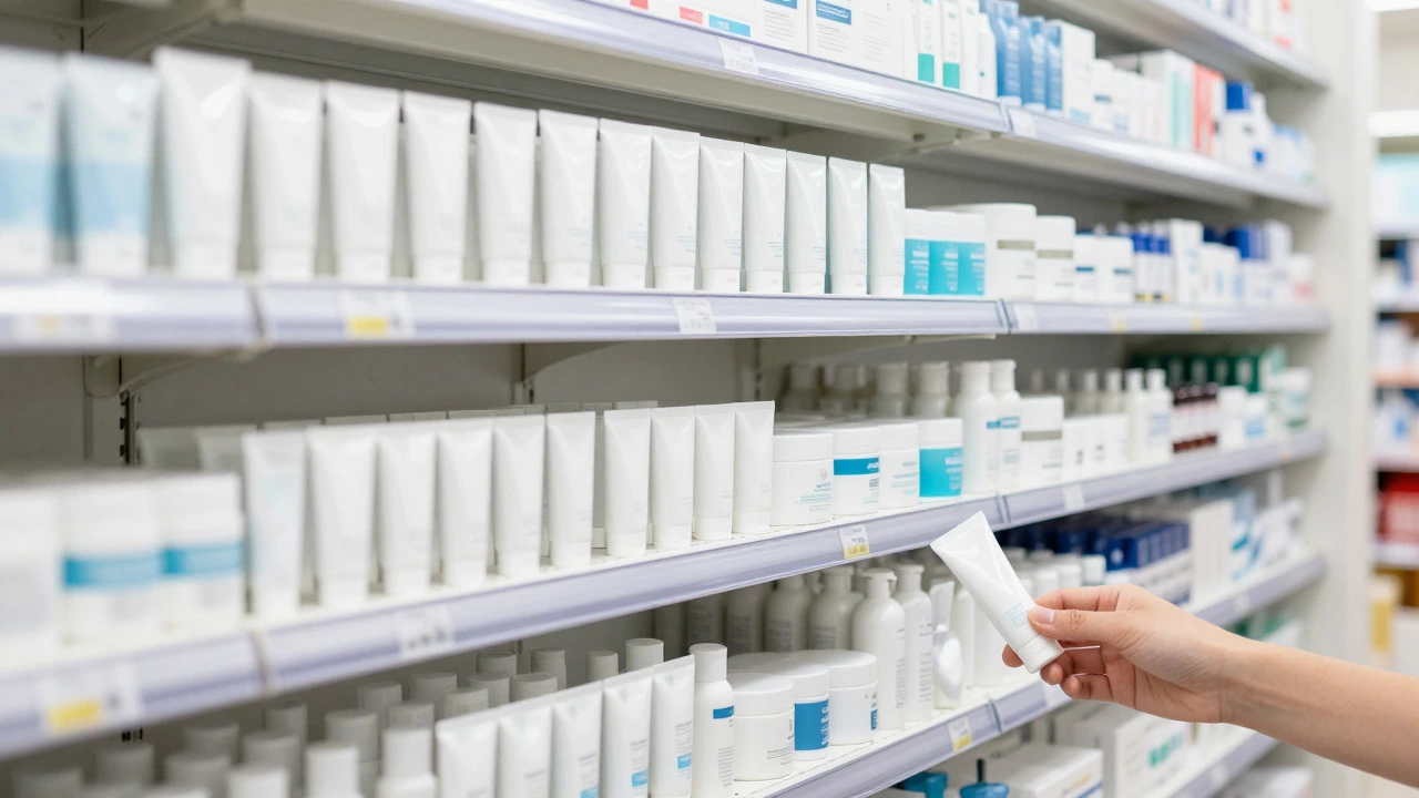 Hand selecting a skincare tube from a well-stocked, brightly lit pharmacy shelf