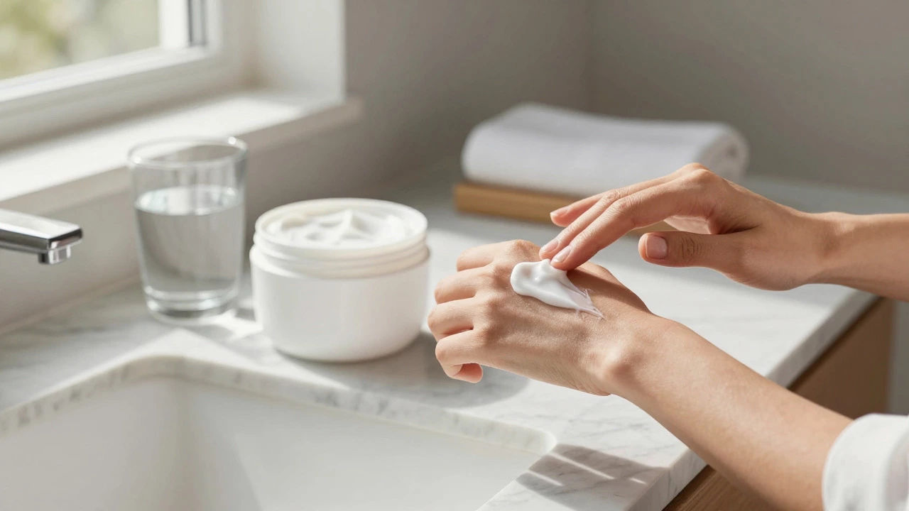 Hands applying white moisturizing cream from a tub in a bright bathroom