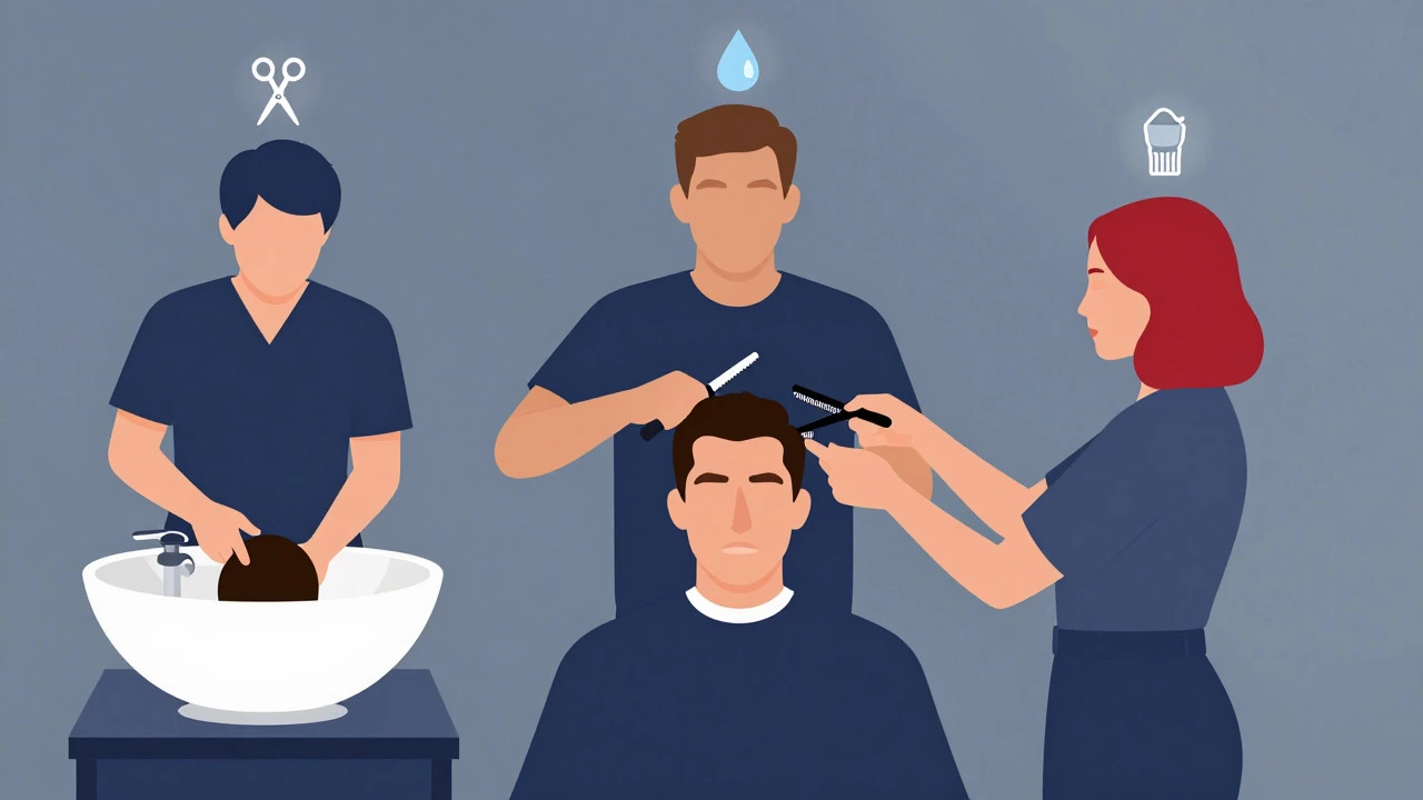 Illustration of barber, assistant, and colorist working