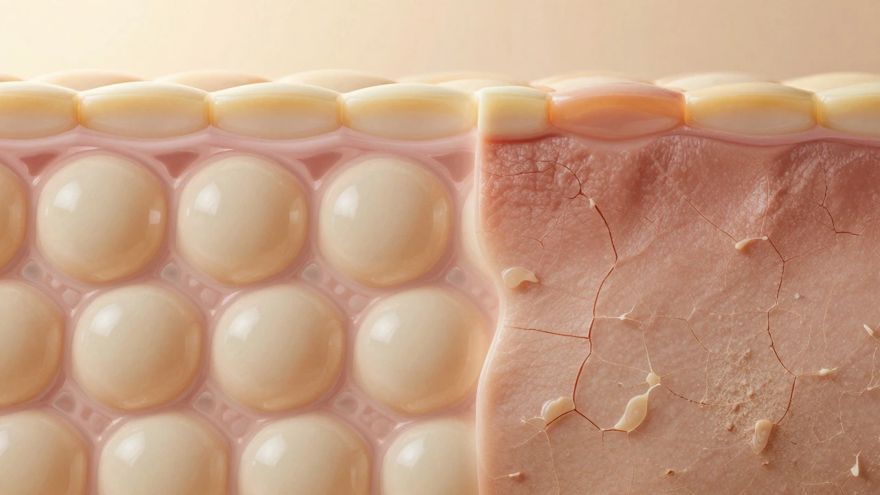 Macro view of skin cells with abstract lipid structures filling gaps