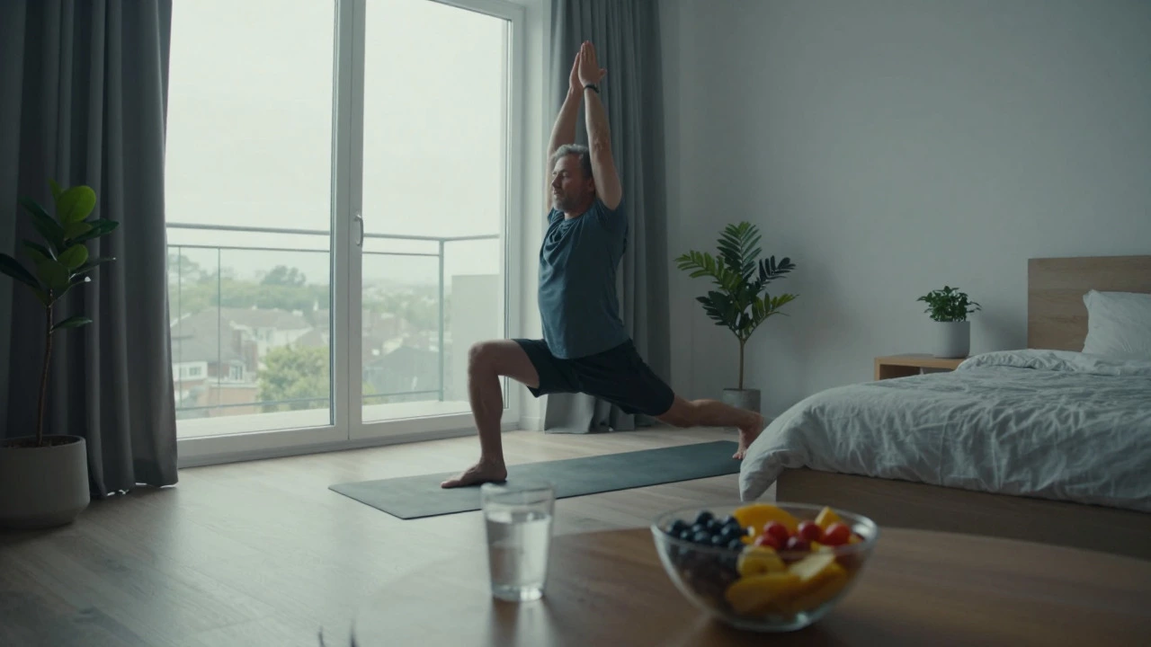 Man in his fifties practicing yoga in a bright, modern bedroom