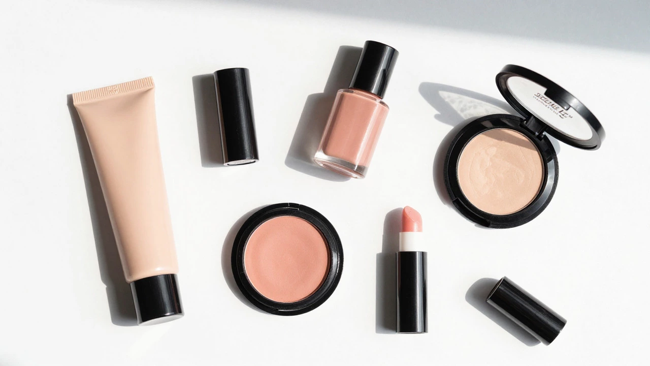 Minimalist flat lay of basic makeup products on white table