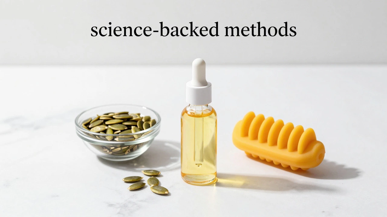 Rosemary oil, pumpkin seeds, and scalp massager on marble