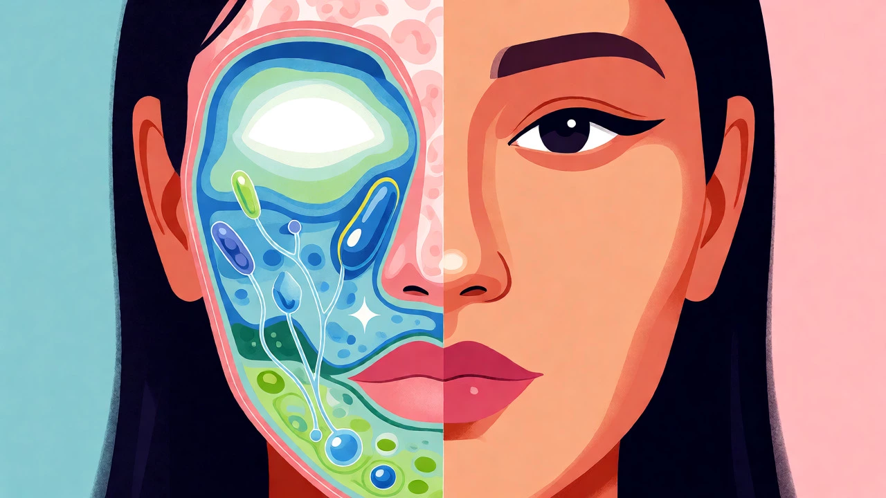 Split-face illustration showing skin penetration by actives versus surface makeup application.