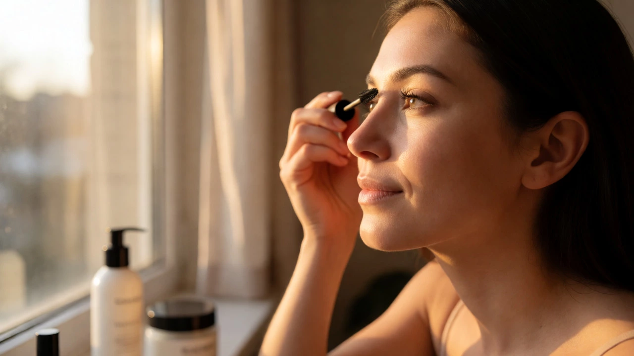 Woman applying mascara with a silicone wand by a window