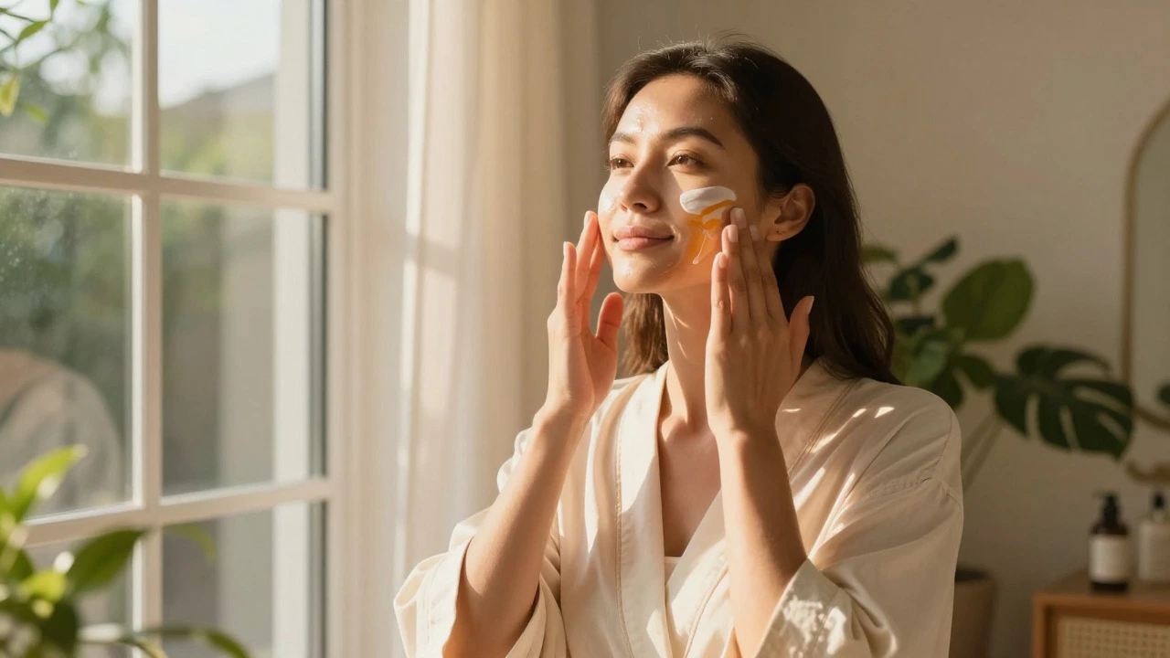 Woman applying sunscreen by a sunny window as part of post-treatment care