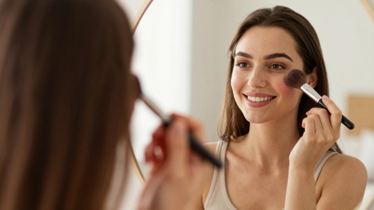 Woman smiling while applying natural makeup in mirror