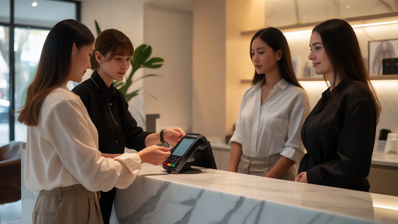 Client paying at a salon counter while stylist and assistant wait nearby.