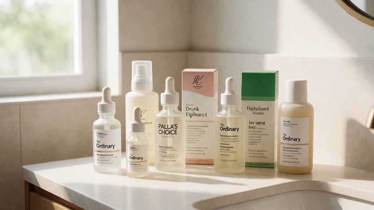 Collection of cruelty-free skincare bottles on a sunny counter