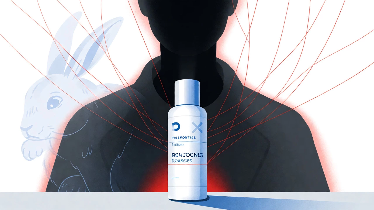 Conceptual art linking a skincare bottle to a corporate entity and rabbit
