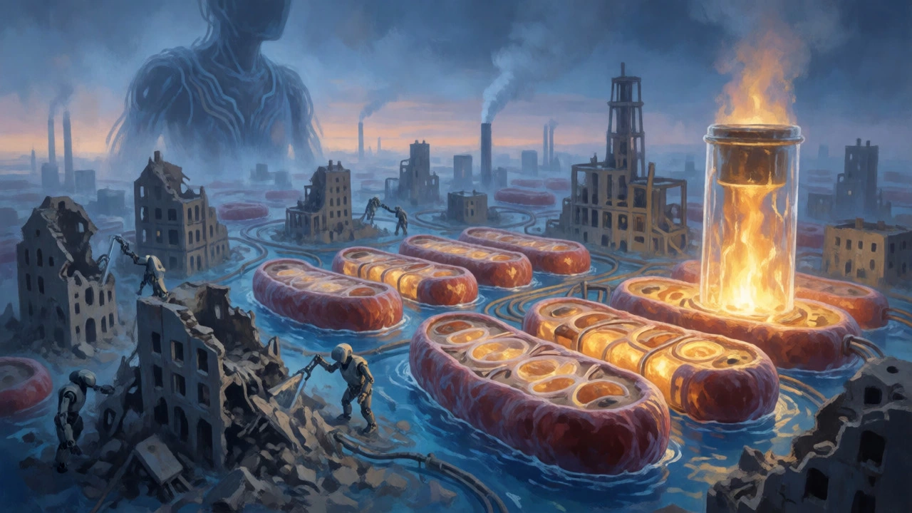 Conceptual art of a cell with glowing mitochondria and repair mechanisms