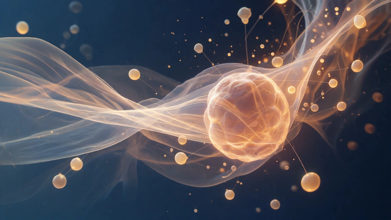 Ethereal visualization of glowing skin cells surrounded by antioxidant particles and light.