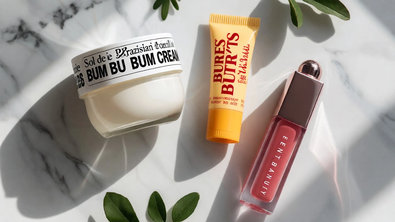 Flat lay of cruelty-free beauty products like Sol de Janeiro and Burt's Bees.