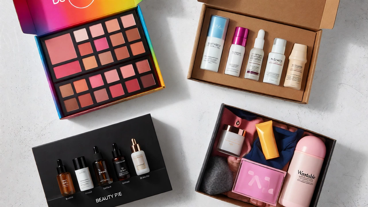 Flat lay of four different beauty subscription boxes with varied contents.