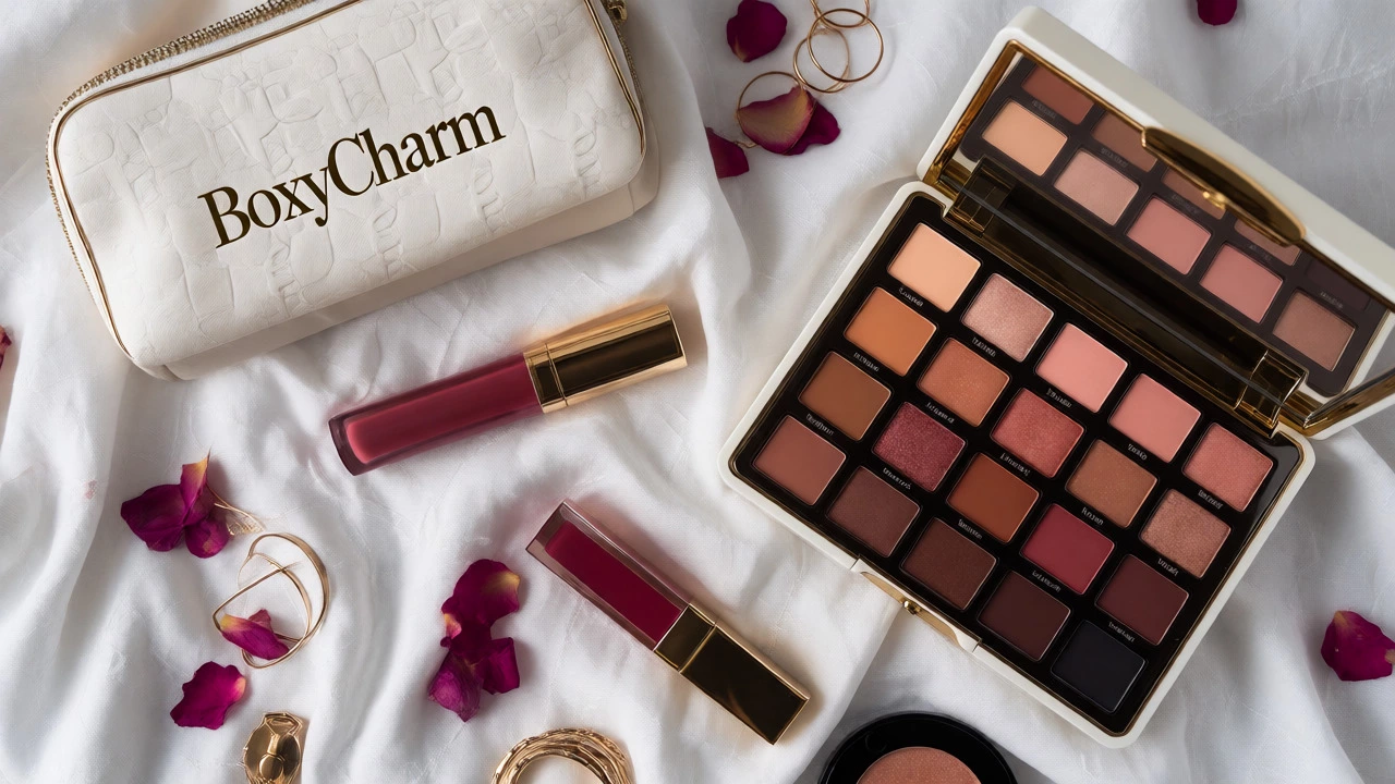 Flat lay of luxury makeup products including palettes and lipsticks in a box