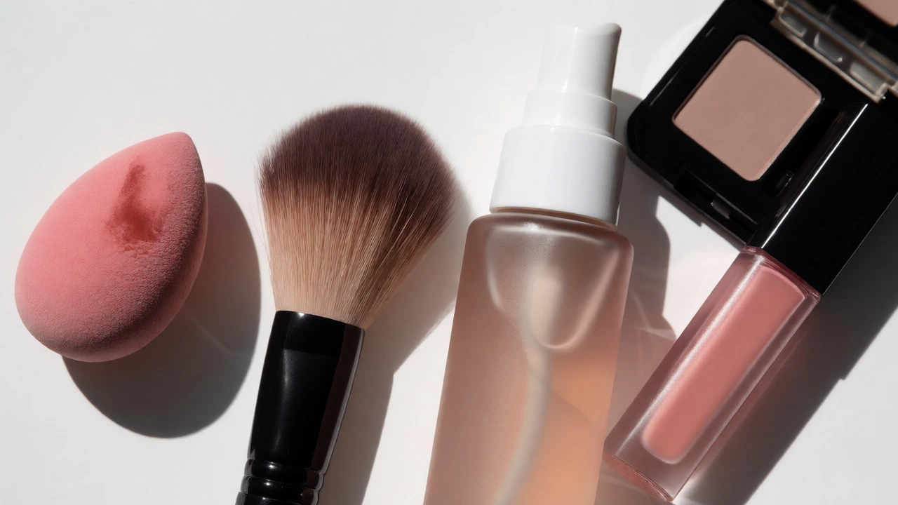 Flat lay of makeup tools including sponge, brush, and tint.