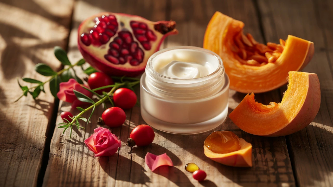 Fresh fruits and herbs arranged next to an open jar of face cream