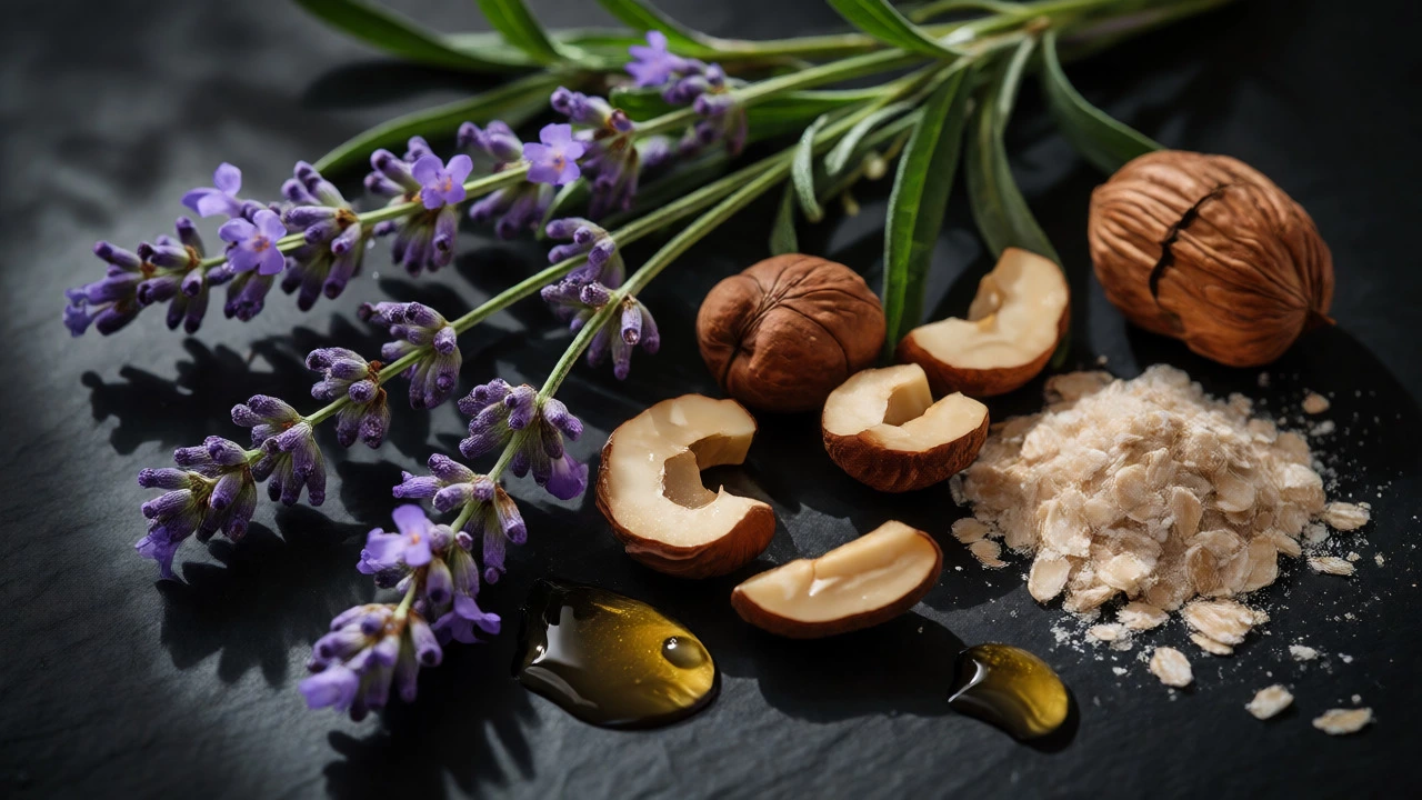Fresh lavender, shea nuts, and oats representing organic ingredients