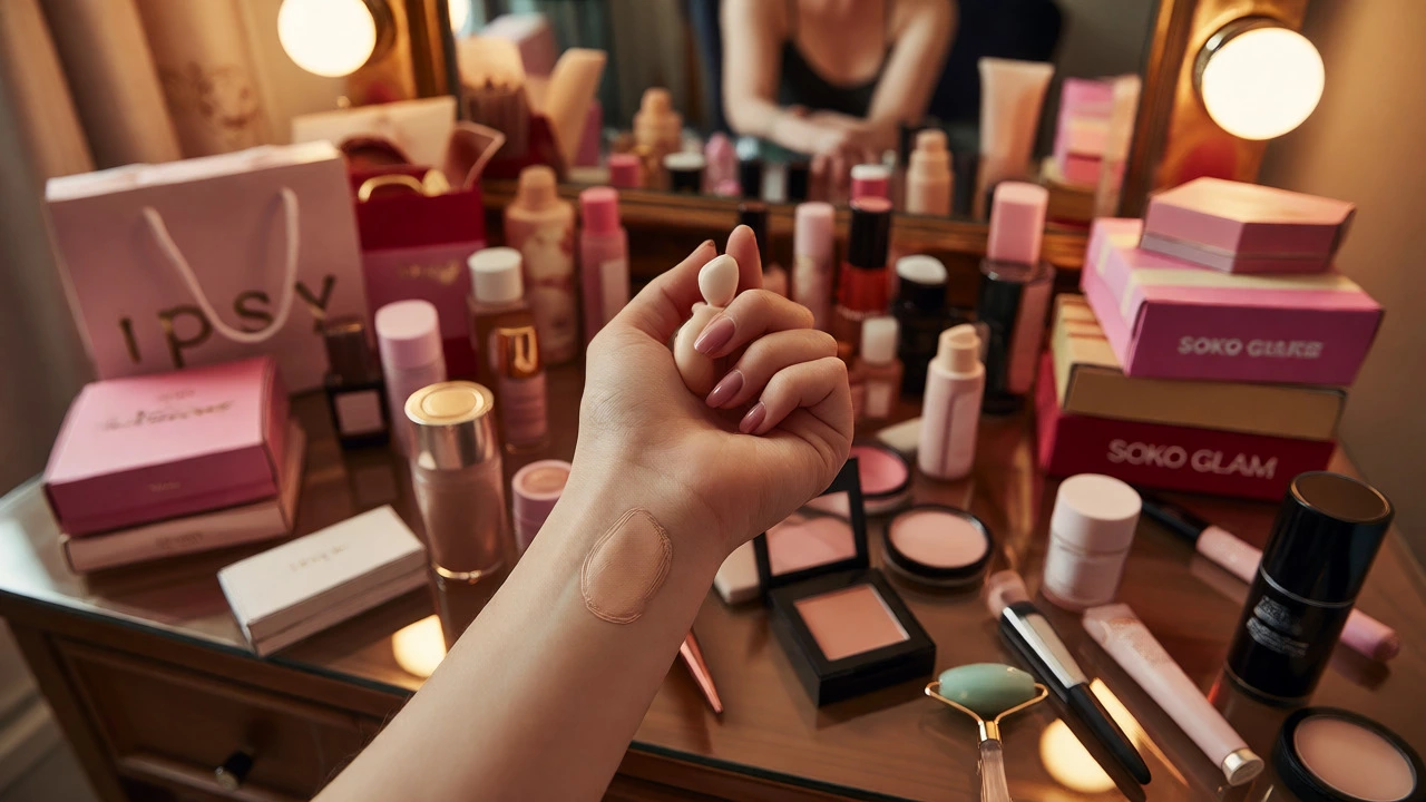 Hand testing foundation sample on wrist amidst stacked makeup subscription boxes