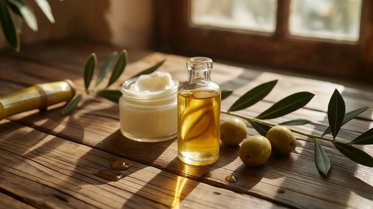 Natural skincare ingredients including squalane oil, shea butter, and olives on a wooden table.