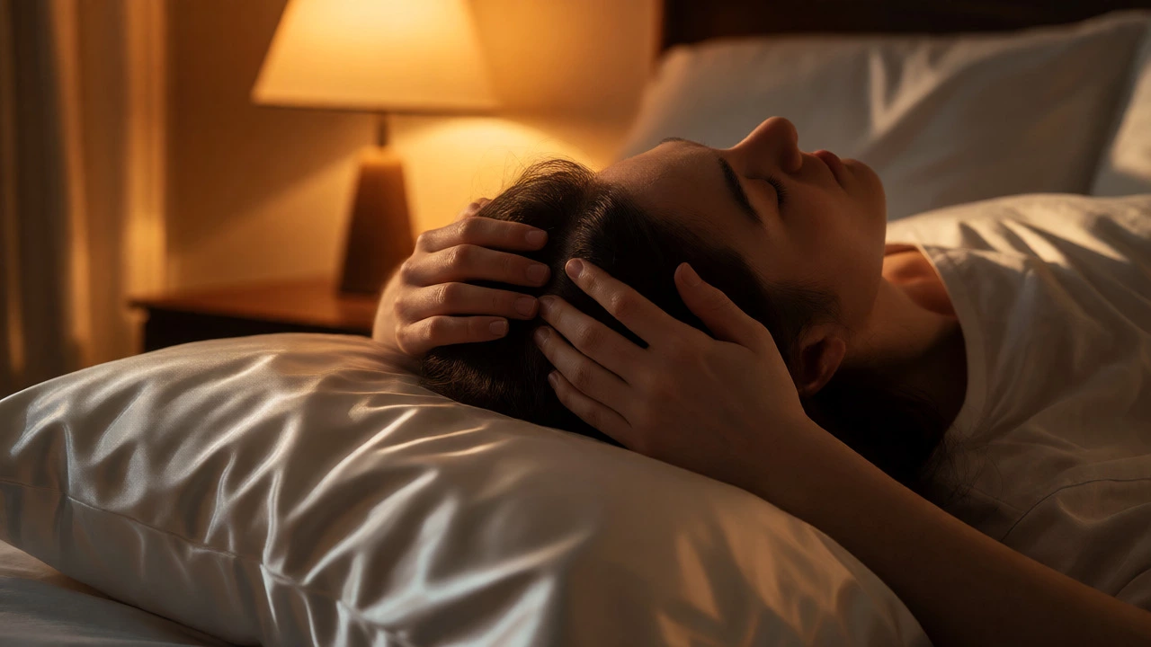 Person massaging scalp near satin pillowcase