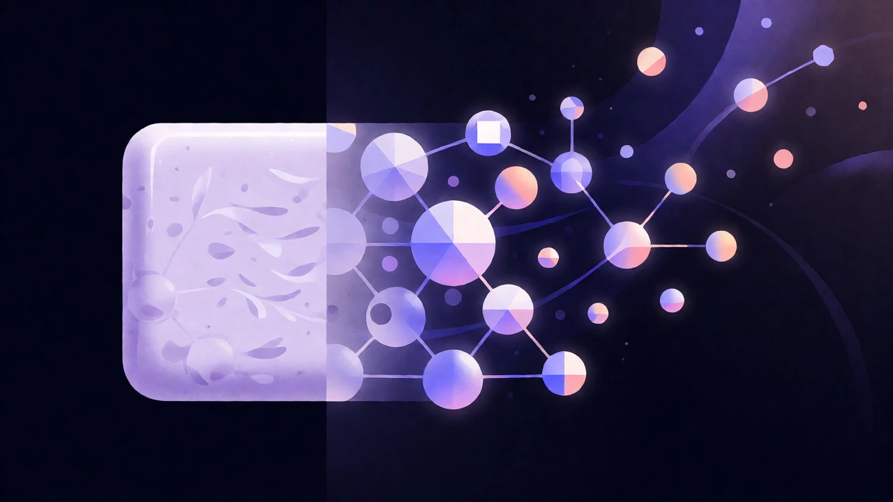 Soap bar transforming into molecular structures representing cosmetic ingredients
