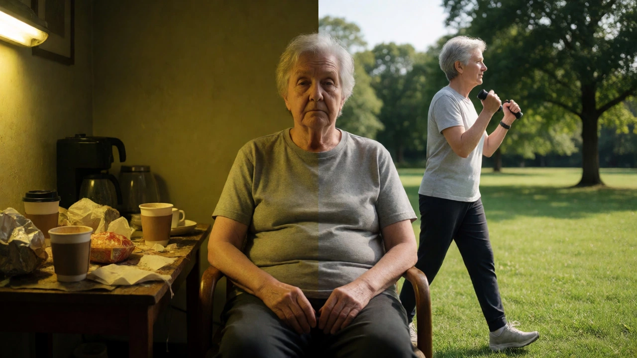 Split image comparing sedentary fatigue with active outdoor vitality