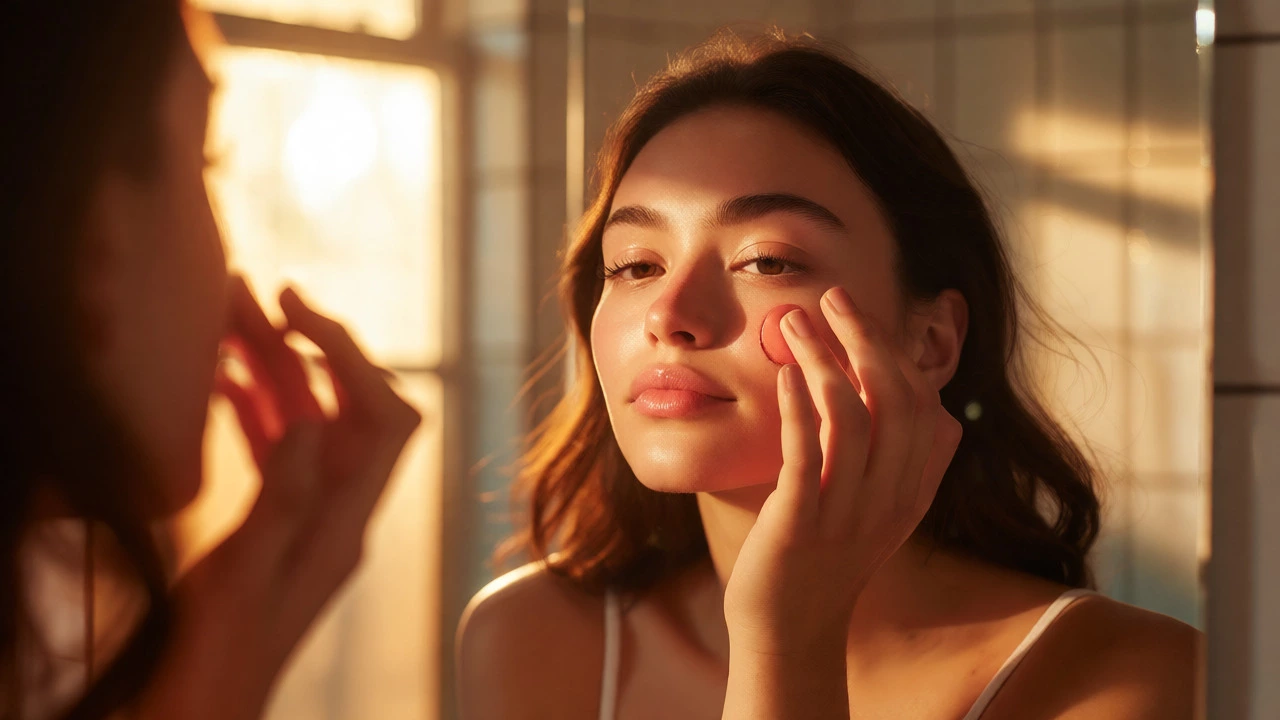 Woman applying cream blush to cheeks with her fingers.