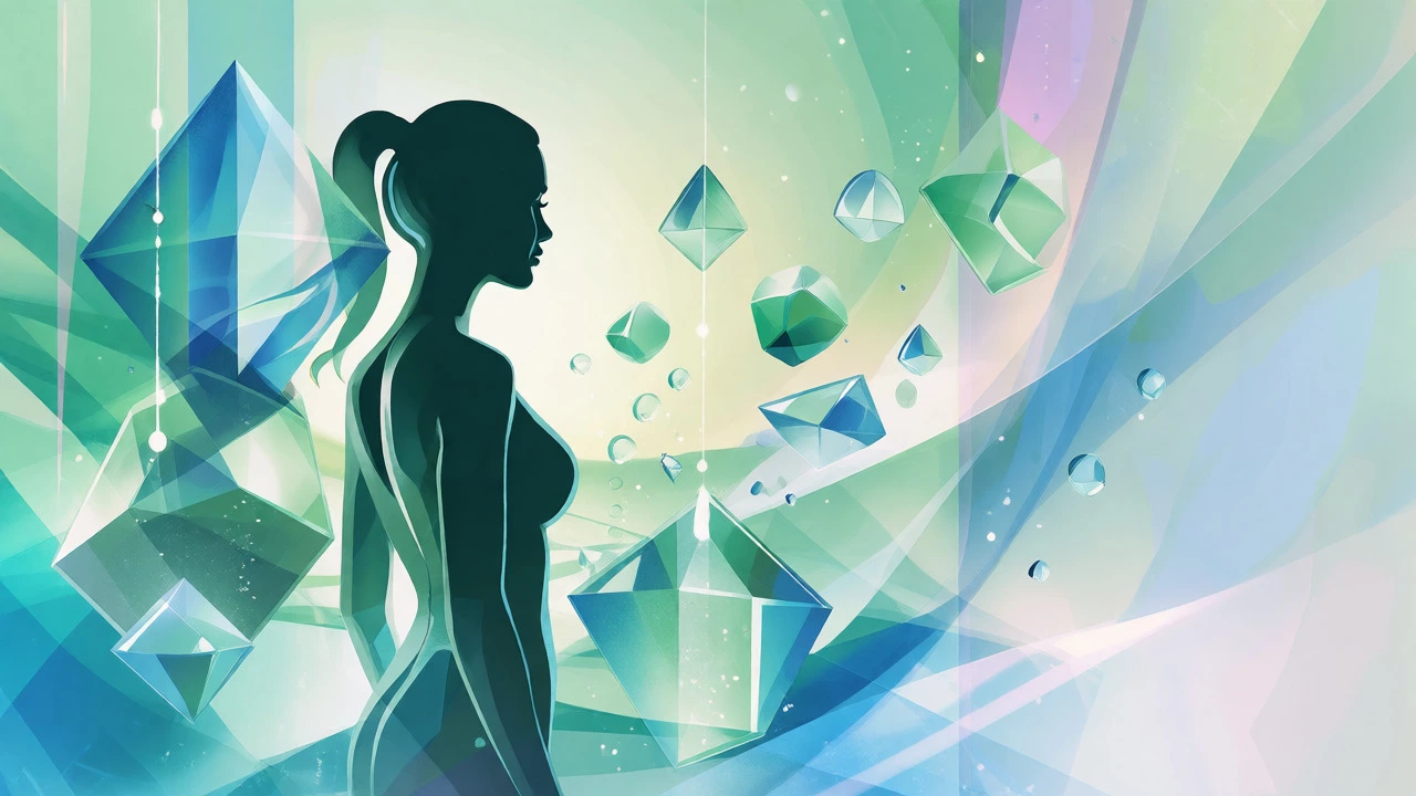 Abstract illustration of a female silhouette surrounded by water droplets and crystal shapes.