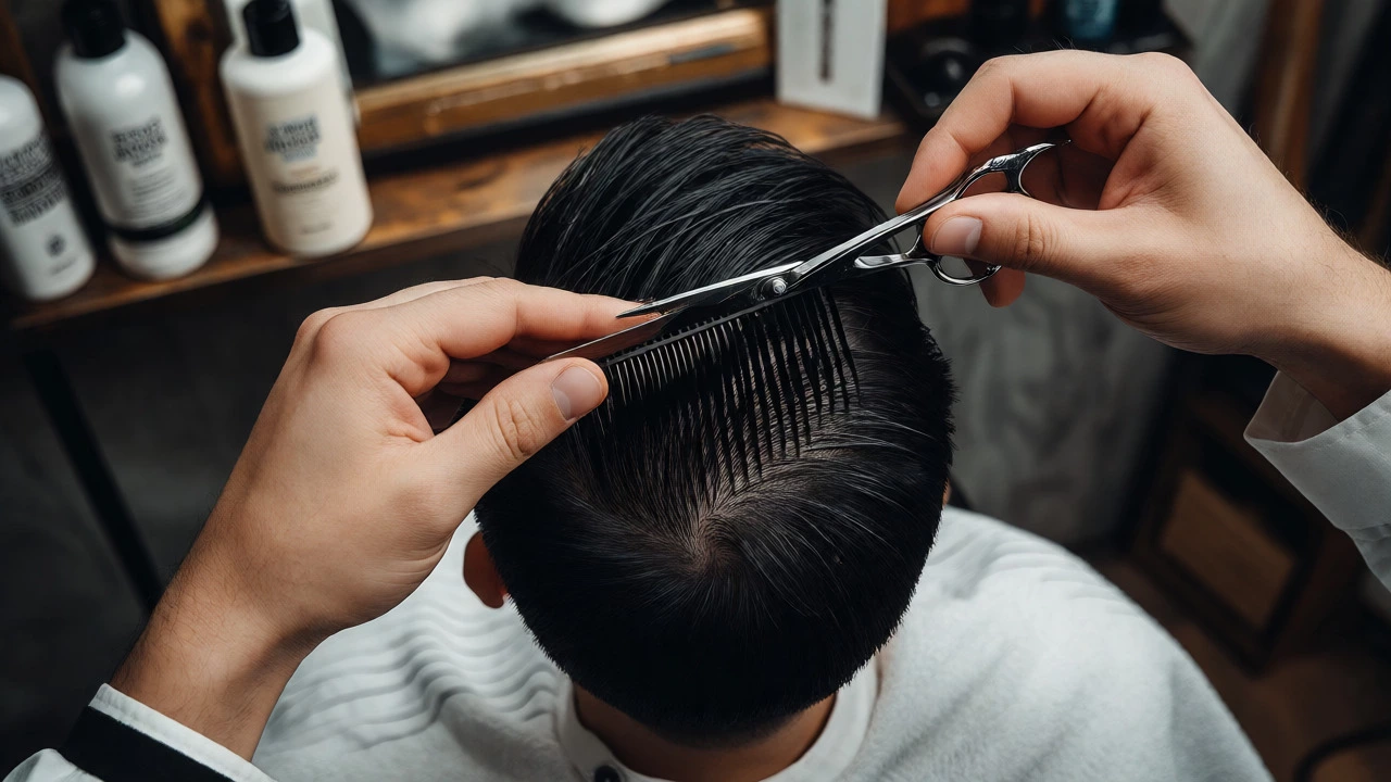 Close-up of barber's hands cutting hair with precision scissors
