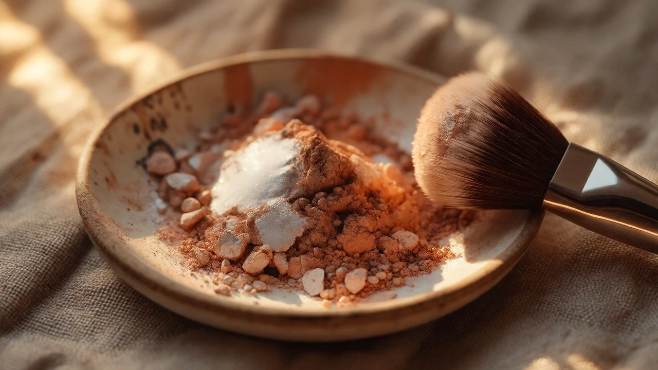 Close-up of loose mineral makeup powder in a ceramic dish next to a makeup brush.