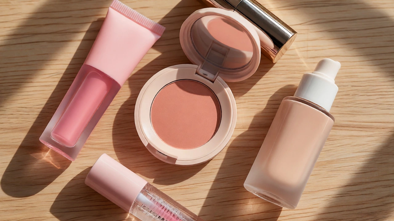 Flat lay of everyday makeup essentials including lip gloss and blush