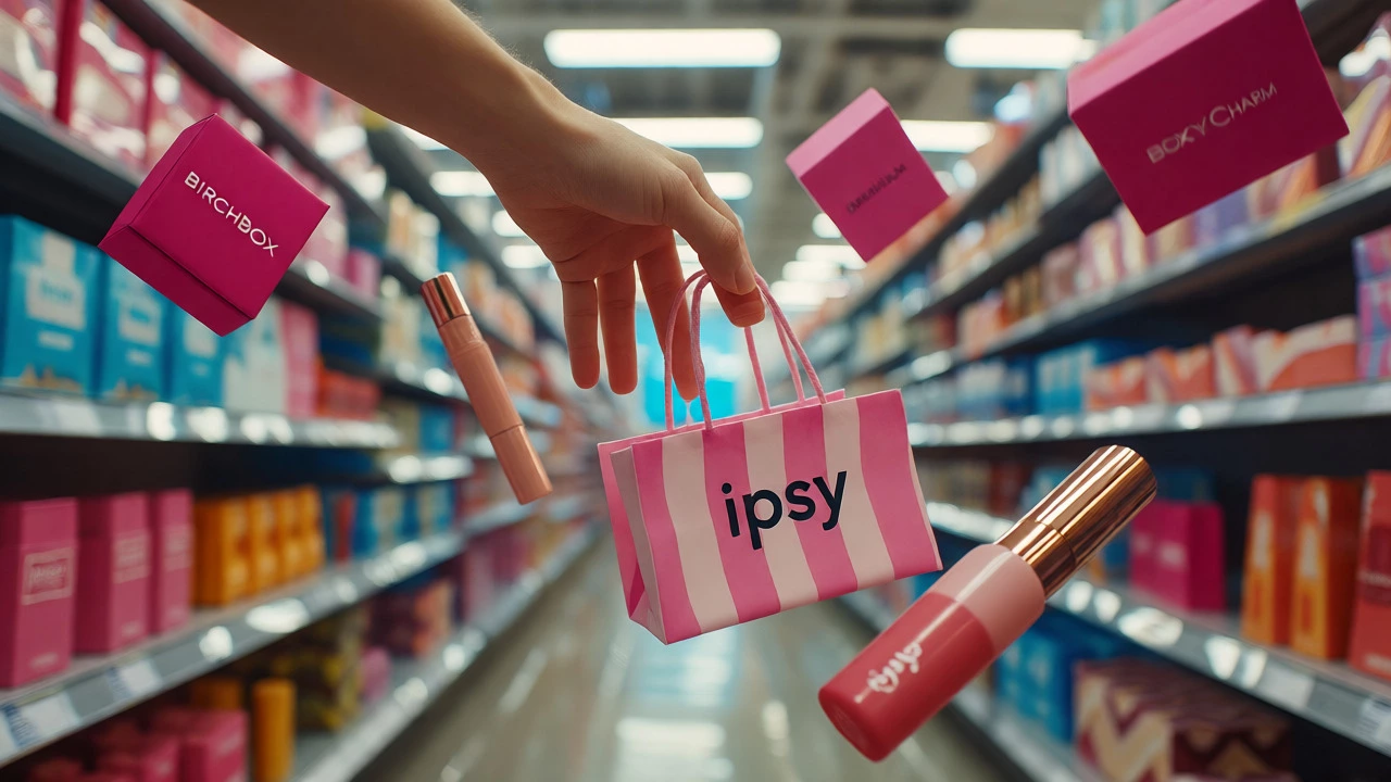Hand grabbing an Ipsy bag from a stream of floating beauty products.