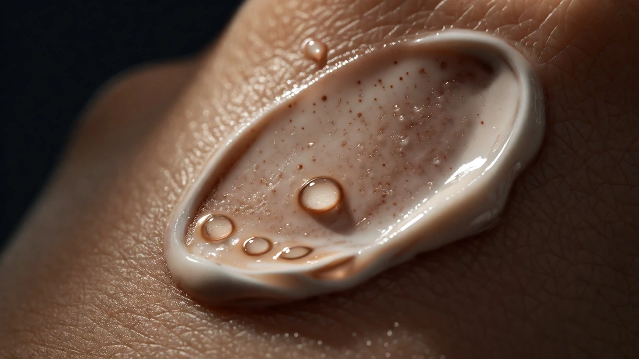 Macro shot of moisturizer texture showing hydration and emollient ingredients on skin.