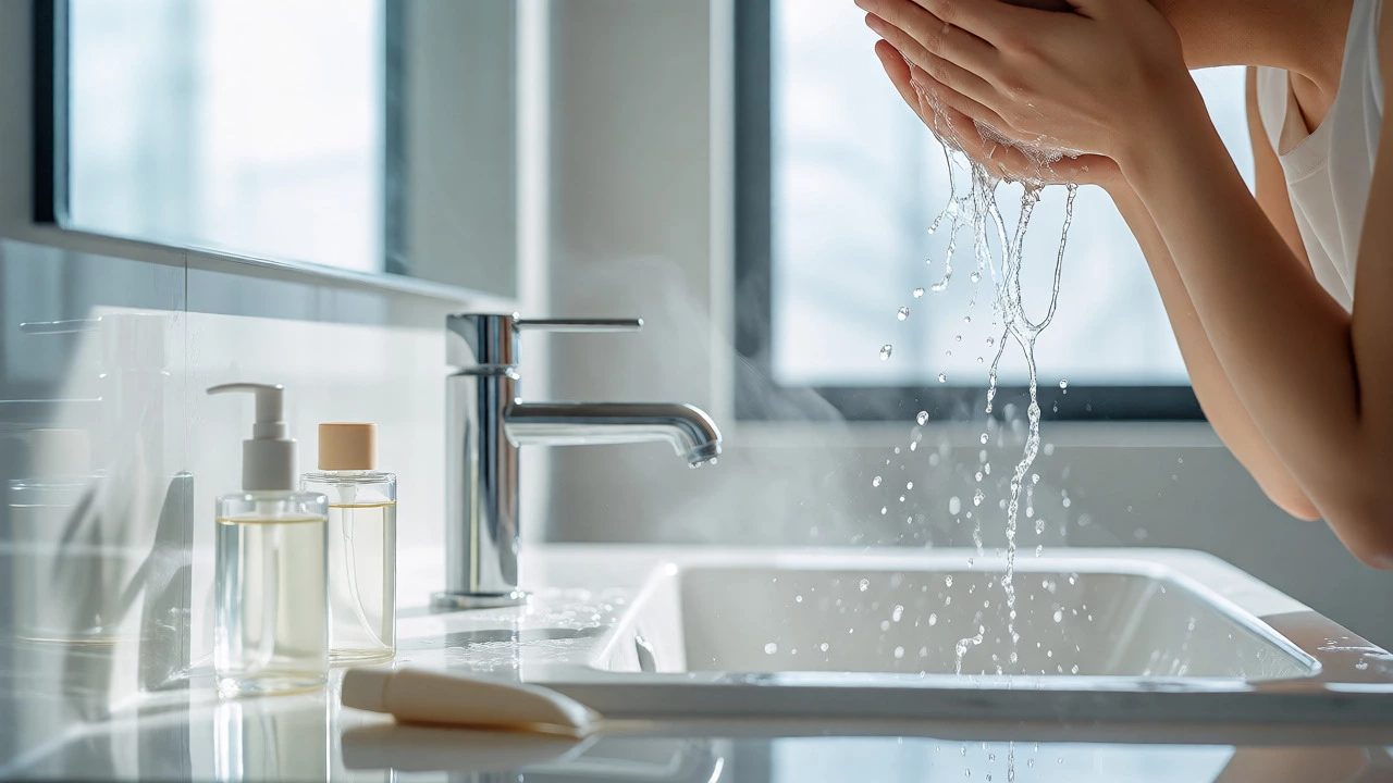 Person gently washing face with water in a bright, minimalist bathroom