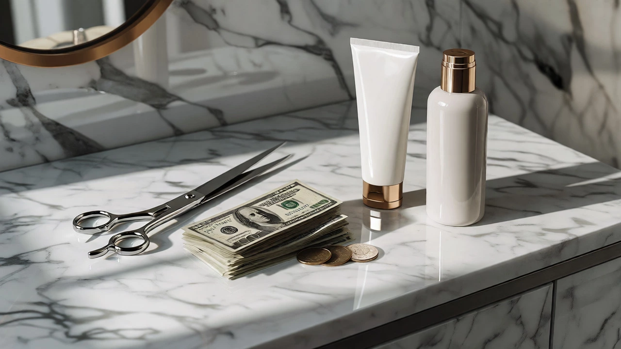 Scissors, cash, and hair products on counter